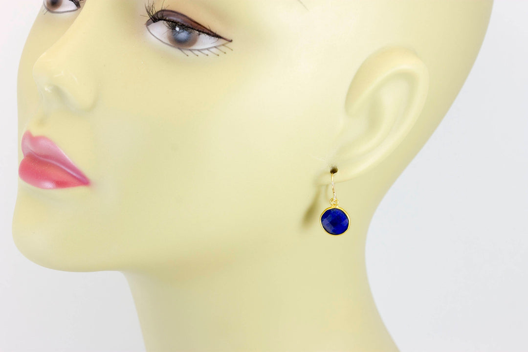 Lapis Lazuli Earrings Natural Blue Round Cut Bezel Set Drops Sterling Silver or 14k Solid Gold or Filled Small and Dainty Faceted Simple