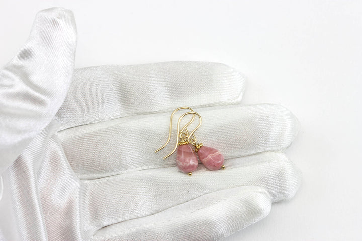 Rhodochrosite Earrings Smooth Natural PInk Teardrop Dangle Drops Sterling Silver or 14k Solid Gold or Filled Dainty Small Simple Earthy Pink