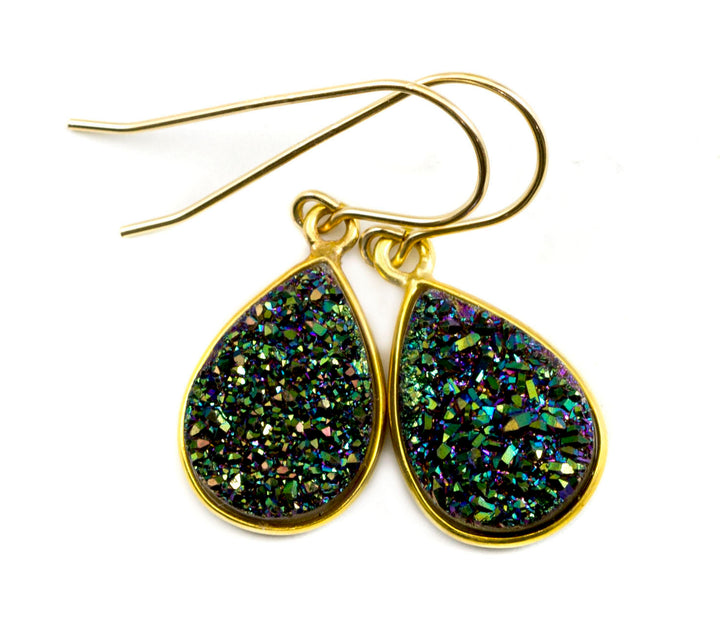 Peacock Green Drusy Earrings Druzy Teardrop Sterling silver or 14k solid gold or filled  Bezel Set Simple Drops Spyglass Designs