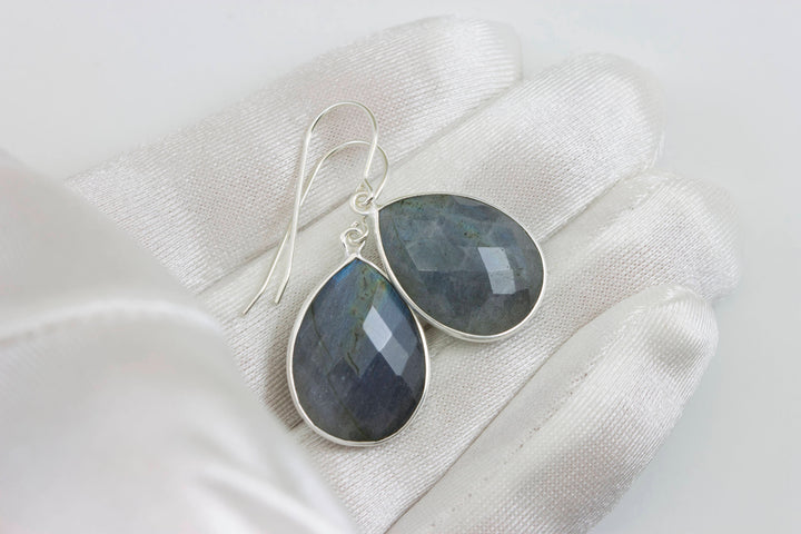 Labradorite  Earrings Sterling Silver or 14k Solid Gold or Filled Faceted Teardrop Large Earrings Blue Green Golden Flash Pear Natural Bezel