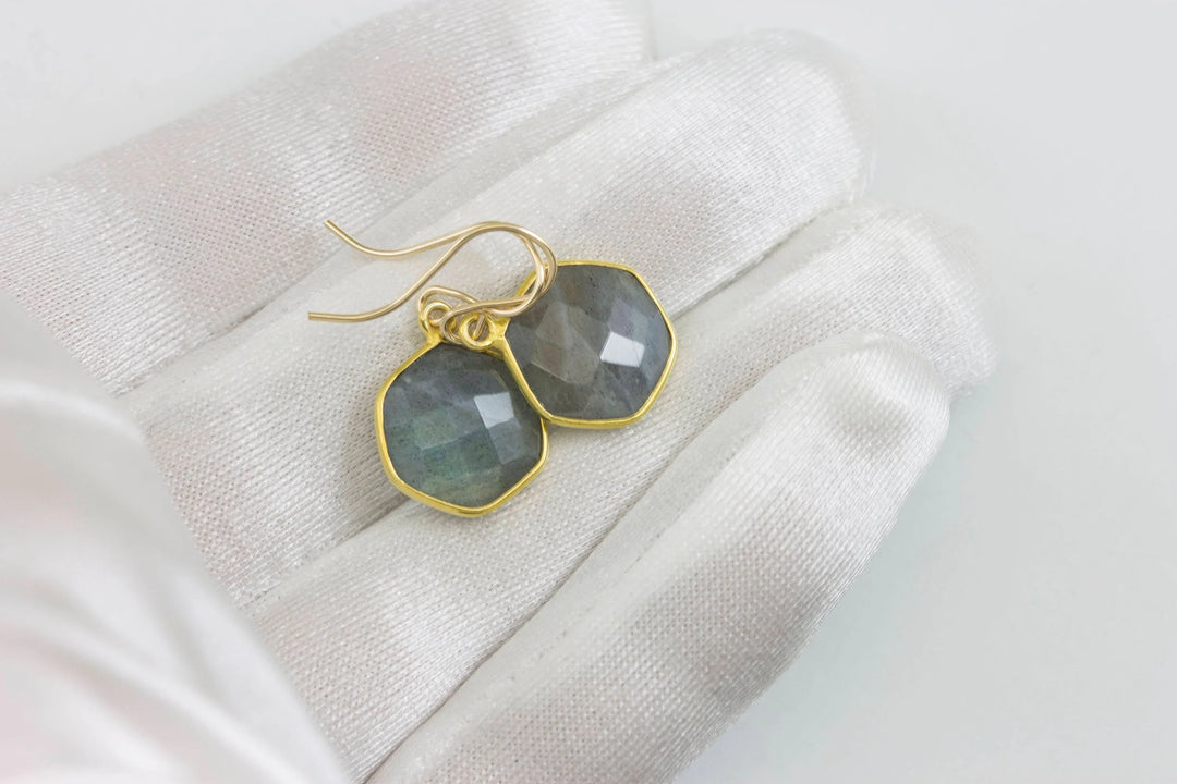Blue Flash Labradorite Earrings Small Simple Drops Bezel Set Round Drop Octagon 14k Solid Gold or Filled Dainty Faceted Cut - Spyglass Designs