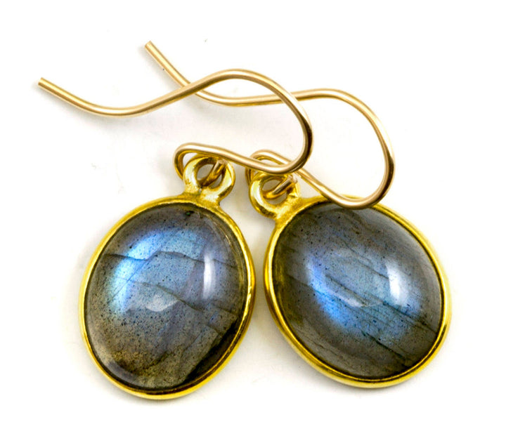 Blue Flash Labradorite Earrings Small Simple Drops Bezel Set Oval Drop Dangle 14k Solid Gold or Filled or Sterling Silver Dainty Smooth Cut