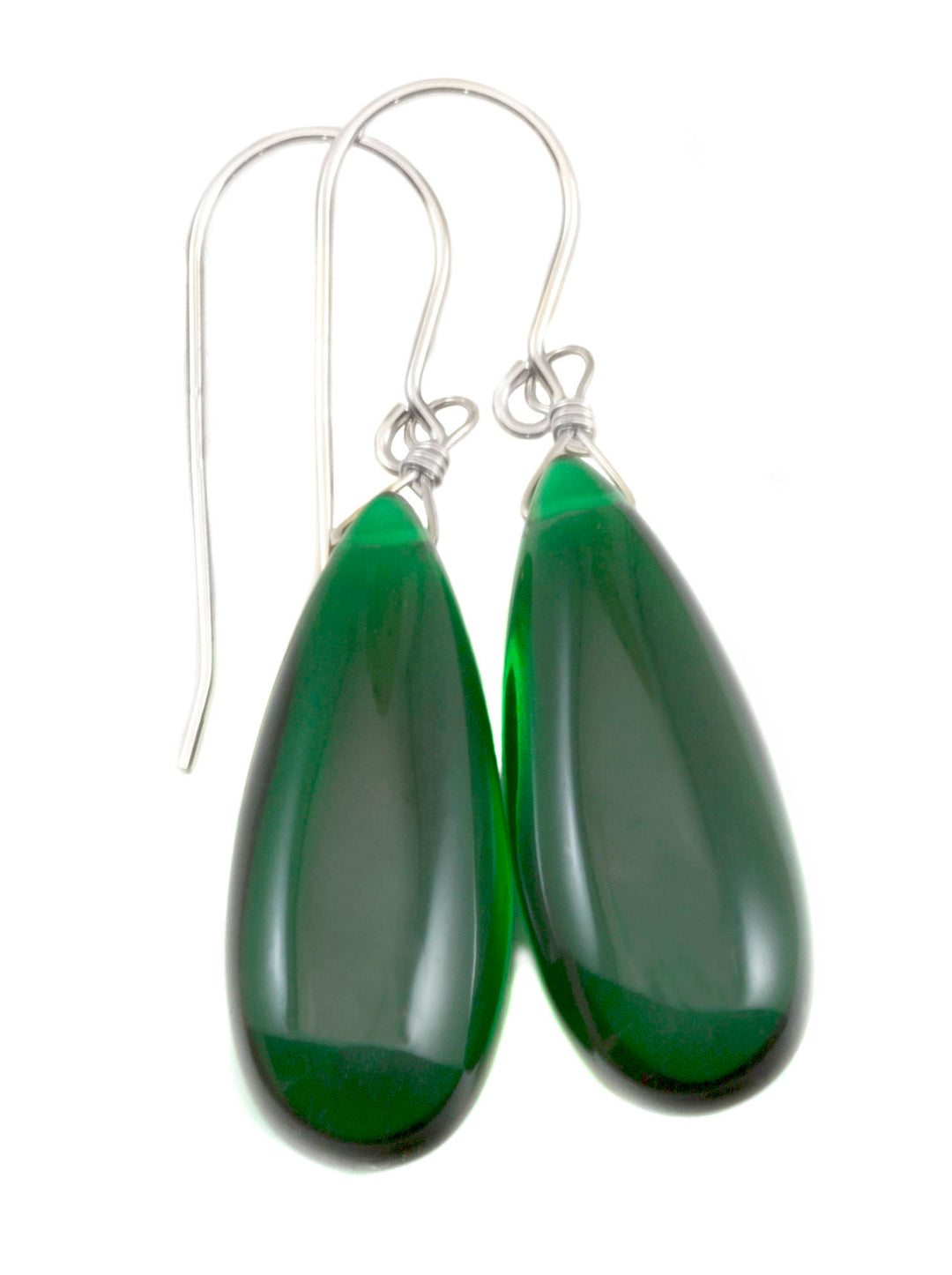 Emerald Green Earrings Smooth Long Simulated Emerald Teardrop Drop Dangle Sterling Silver or 14k Solid Gold or Filled Simple Classic 1.6 In