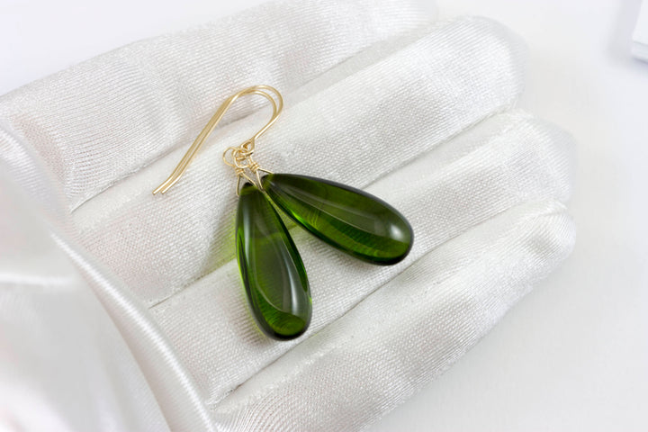Peridot Green Earrings Smooth Long Simulated Peridot Teardrop Drop Dangle Sterling Silver or 14k Solid Gold or Filled Simple Classic 1.6 In
