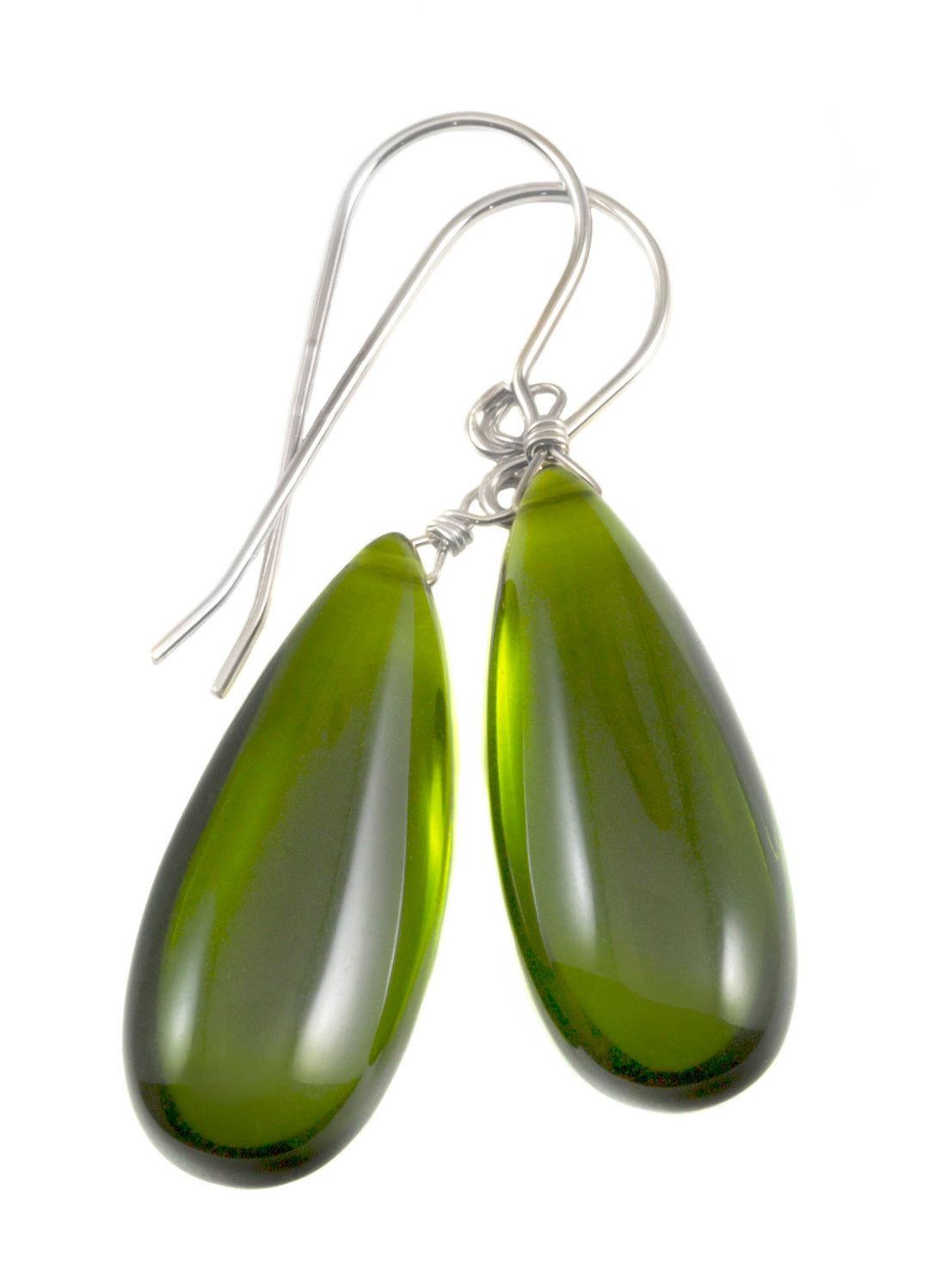 Peridot Green Earrings Smooth Long Simulated Peridot Teardrop Drop Dangle Sterling Silver or 14k Solid Gold or Filled Simple Classic 1.6 In