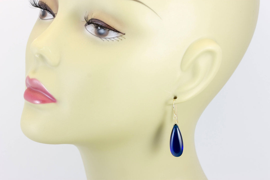 Sapphire Blue Earrings Smooth Long Simulated Sapphire Teardrop Drop Dangle Sterling Silver or 14k Solid Gold or Filled Simple Classic 1.6 In