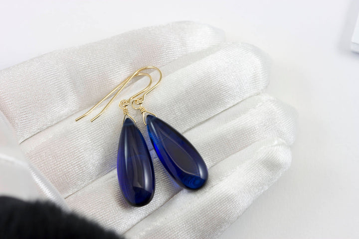 Sapphire Blue Earrings Smooth Long Simulated Sapphire Teardrop Drop Dangle Sterling Silver or 14k Solid Gold or Filled Simple Classic 1.6 In