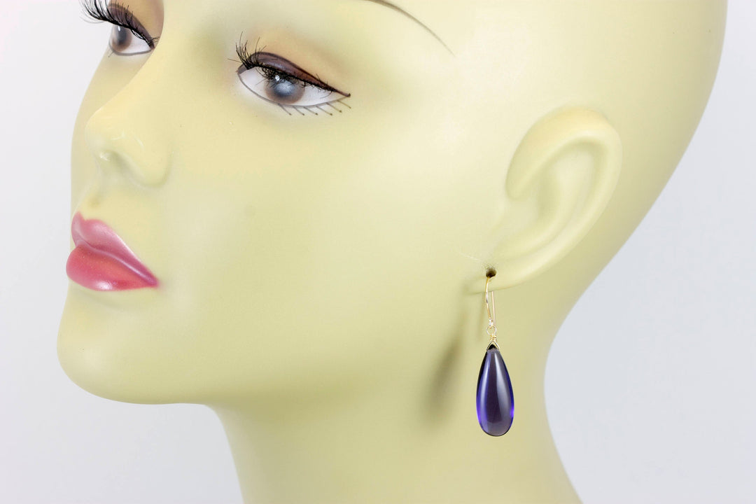 Blue Tanzanite Earrings Smooth Long Simulated Tanzanite Teardrop Drop Dangle Sterling Silver or 14k Gold Filled Simple Classic 1.6 Inches