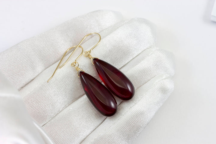 Ruby Red Earrings Smooth Long Simulated Ruby Teardrop Drop Dangle Sterling Silver or 14k Solid Gold or Filled Classic Simple Rich Red 1.6 In