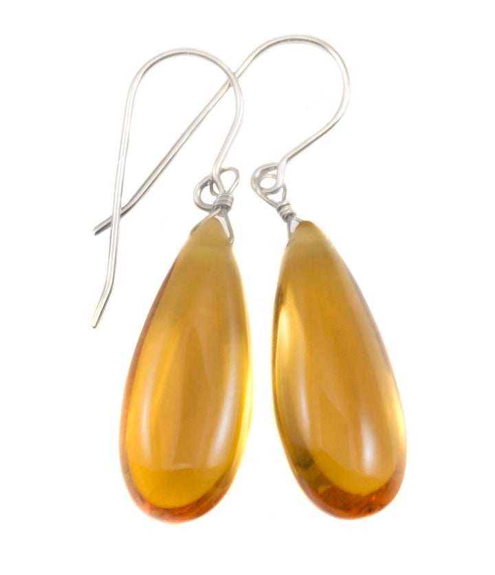 Citrine Earrings Smooth Yellow Long Simulated  Teardrop Drop Dangle Sterling Silver or 14k Solid Gold or Filled Classic Simple Rich 1.6