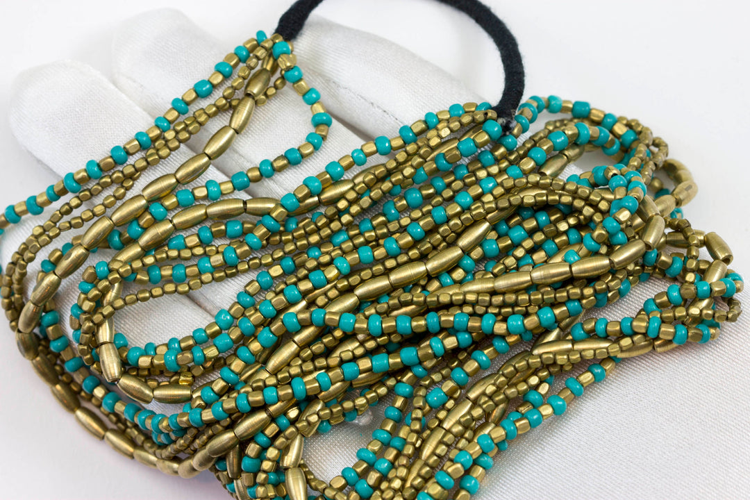 Turquoise Blue Beaded Necklace Solid Strand Link Beaded  Silver 36 Inches 5 Strands Silver Beads Mixed or Mixed with brass beads