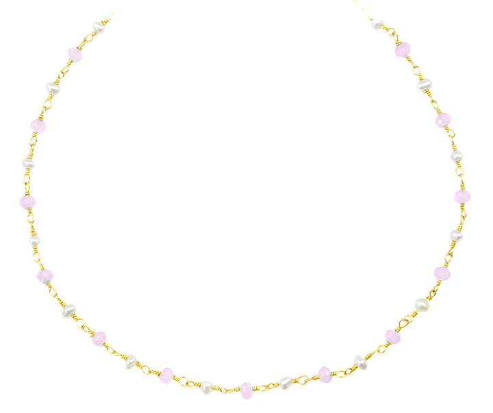 Chalcedony Necklace Pink and White Pearls  Sterling Silver or 14k Gold Filled Faceted Chain Link 18 19 Inches Soft Pink Dainty
