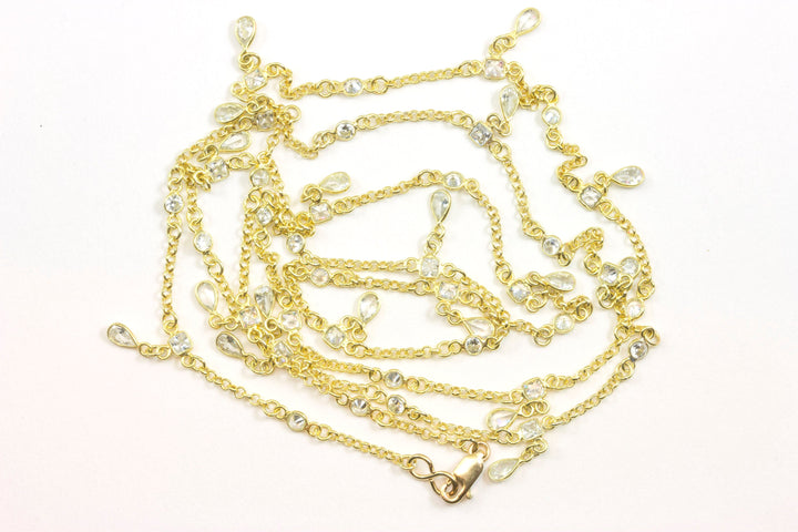 CZ Necklace 14k Gold Filled Chain Link Faceted 36 Inches Clear Cubic Zirconia  White Bezel Setting Dangling Teardrops Stones spaced