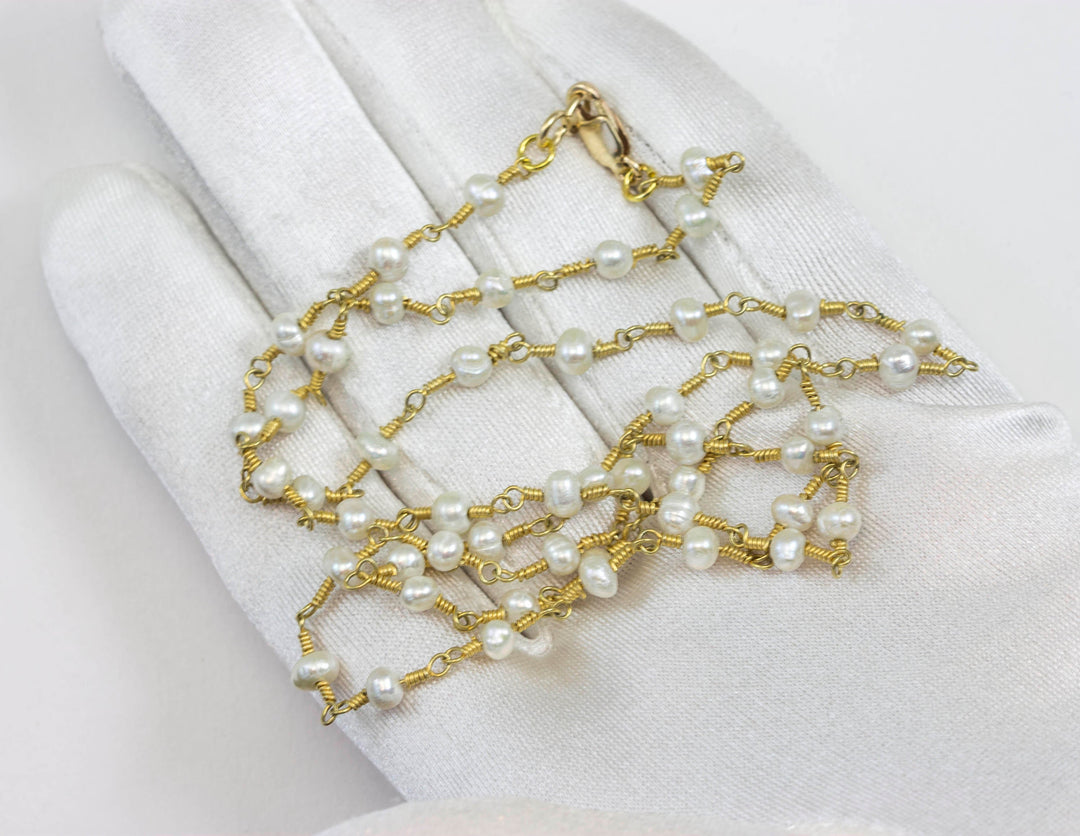 White Pearl Necklace Freshwater Cultured Pearls Spaced Link Beaded 24 Inches 14k Gold Filled Simple Chain Link 4mm pearls oval round