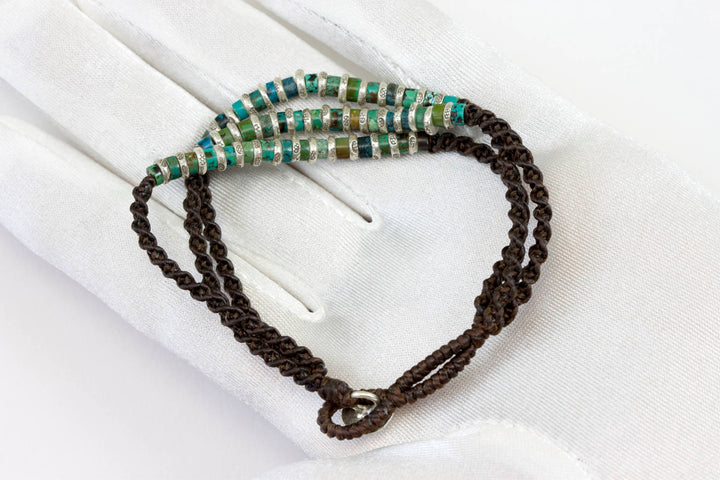 Turquosie Bracelet Natural Blue Smooth  7 to 7.25 Inch Adjustable  Sterling Silver Woven Cord  Tibetan Fine Silver Beaded Accents Casual