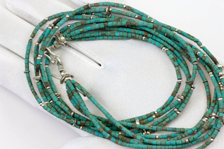 Natural Blue Turquoise Necklace Solid Strand 5 Strands Fine Sterling Silver Beads Mixed  Matte Stone Heishi Style 18 Inch