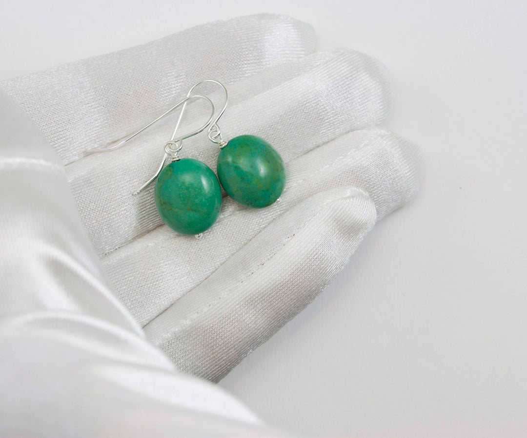 Turquoise Earrings Green Off Round Oval Fat Dangle Drops Sterling Silver or 14k Solid Gold or Filled Earthy Natural Simple Design Spyglass