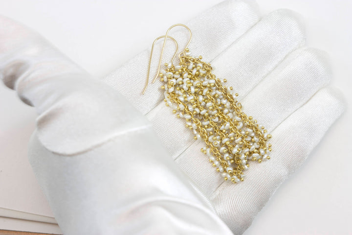 Seed Pearl Earrings  14k Solid Gold or Filled French Ear Wires White Dense Cluster Freshwater Drops 2 Inch Tiny Pearls Dangles