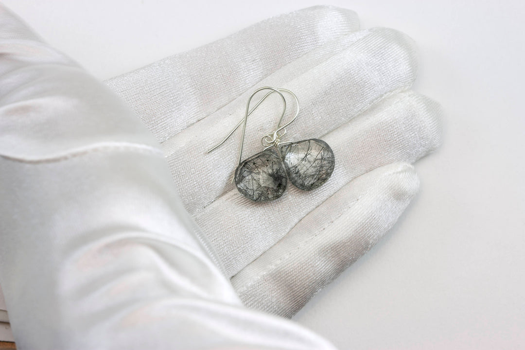 Black Tourmalated Rutile Quartz Earrings 14k Solid Yellow Gold or Filled or Sterling Silver Rutilated Heart Teardrop Nice Rutilation Simple