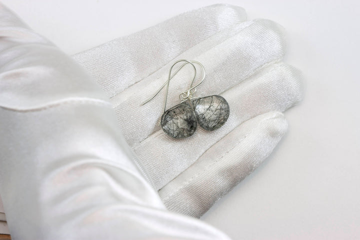 Black Tourmalated Rutile Quartz Earrings 14k Solid Yellow Gold or Filled or Sterling Silver Rutilated Heart Teardrop Nice Rutilation Simple