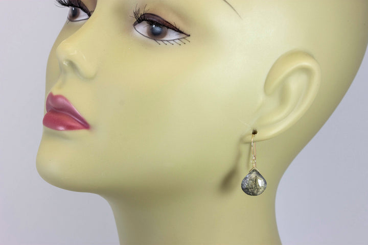 Black Tourmalated Rutile Quartz Earrings 14k Solid Yellow Gold or Filled or Sterling Silver Rutilated Heart Teardrop Nice Rutilation Simple