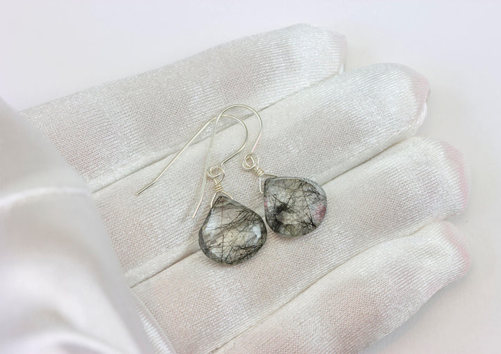 Black Tourmalated Rutile Quartz Earrings 14k Solid Yellow Gold or Filled or Sterling Silver Rutilated Heart Teardrop Nice Rutilation Simple