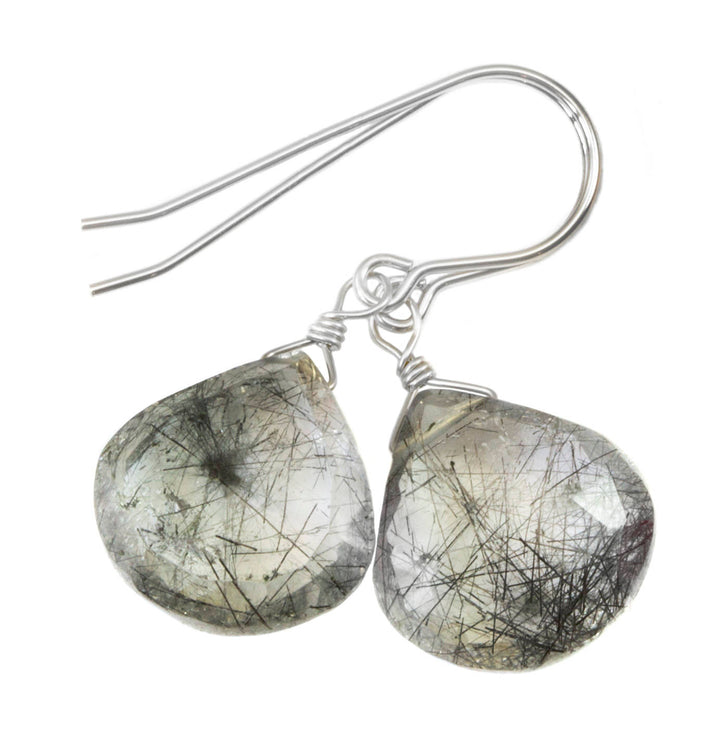 Black Tourmalated Rutile Quartz Earrings 14k Solid Yellow Gold or Filled or Sterling Silver Rutilated Heart Teardrop Nice Rutilation Simple