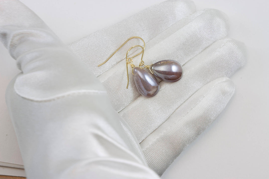 Moonstone Earrings Sterling Silver or 14k solid Gold or Filled Smooth Pear Teardrop Natural with Mystic Finish Pink Peach Shimmery Drops