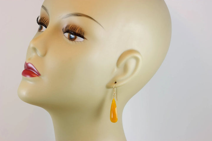 Yellow Aventurine Earrings Teardrop Long Pear Shaped Faceted 14k Solid Gold or Filled or Sterling Silver Great Unique Natural Earthy Color - Spyglass Designs