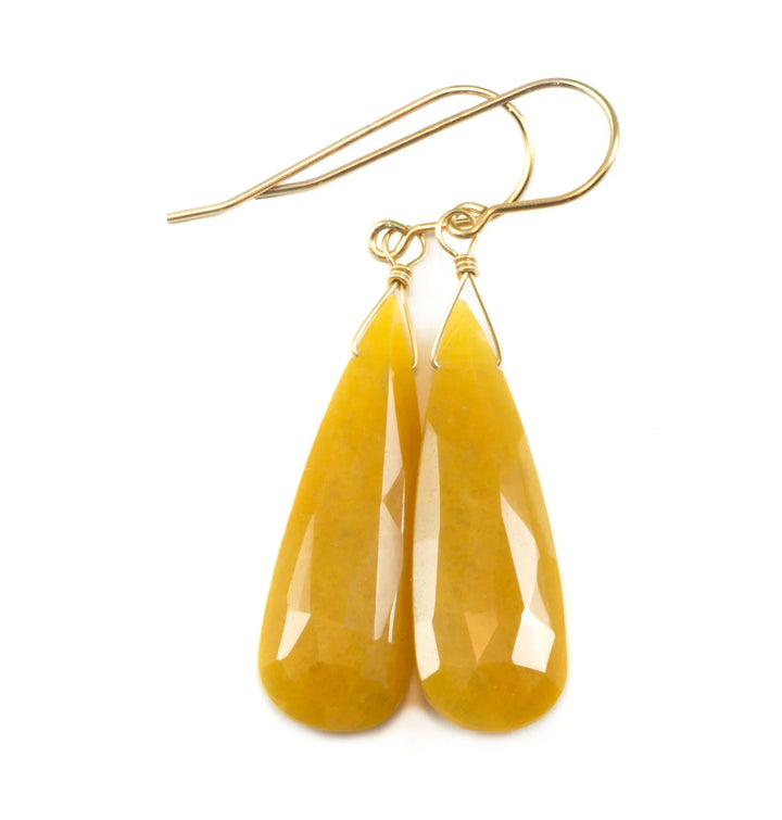 Yellow Aventurine Earrings Teardrop Long Pear Shaped Faceted 14k Solid Gold or Filled or Sterling Silver Great Unique Natural Earthy Color - Spyglass Designs