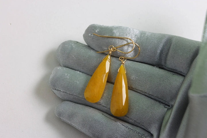 Yellow Aventurine Earrings Teardrop Long Pear Shaped Faceted 14k Solid Gold or Filled or Sterling Silver Great Unique Natural Earthy Color - Spyglass Designs
