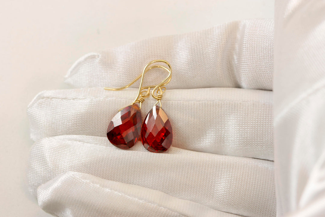 Garnet Red Cubic Zirconia Earrings Teardrop AAA CZ Briolette Sterling Silver or 14k Solid Gold or Filled Pear Faceted Simple Dainty Drops