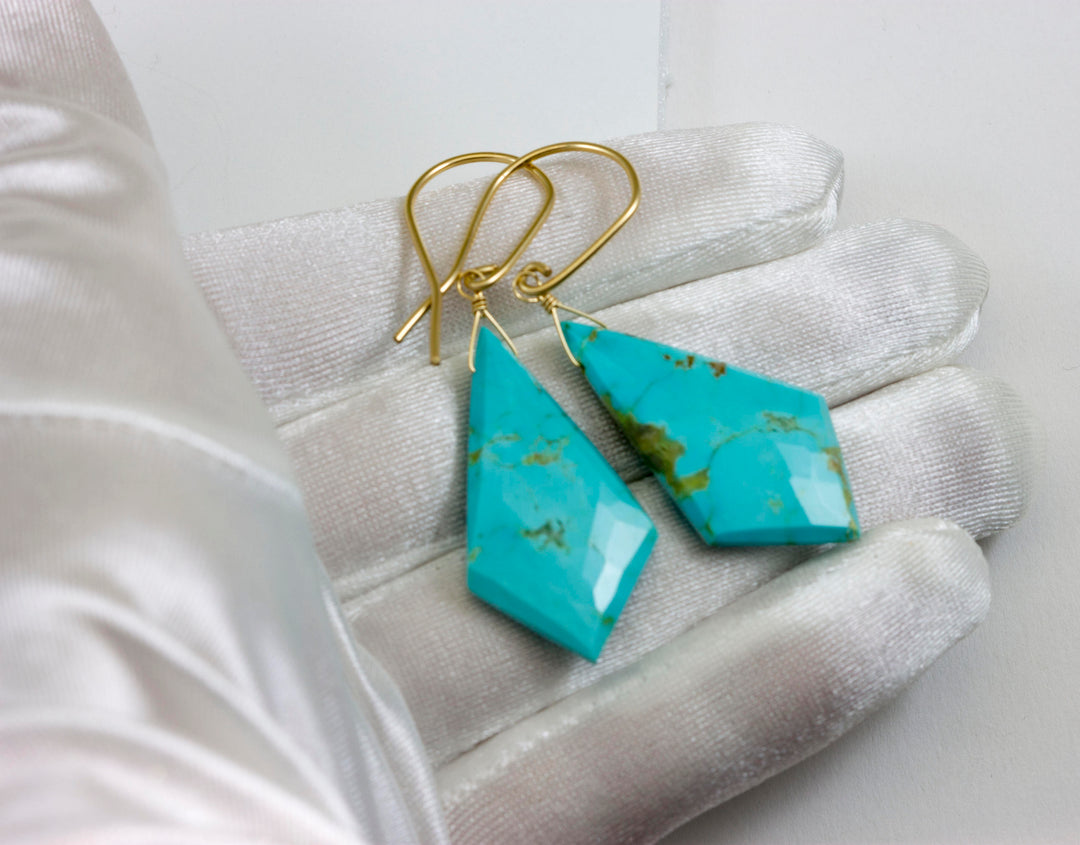Turquoise Earrings 14k Solid Yellow Gold or Filled Smooth Cut Long Teardrop Natural Stone Rich Soft blue 2 Inches contemporary  simple drops