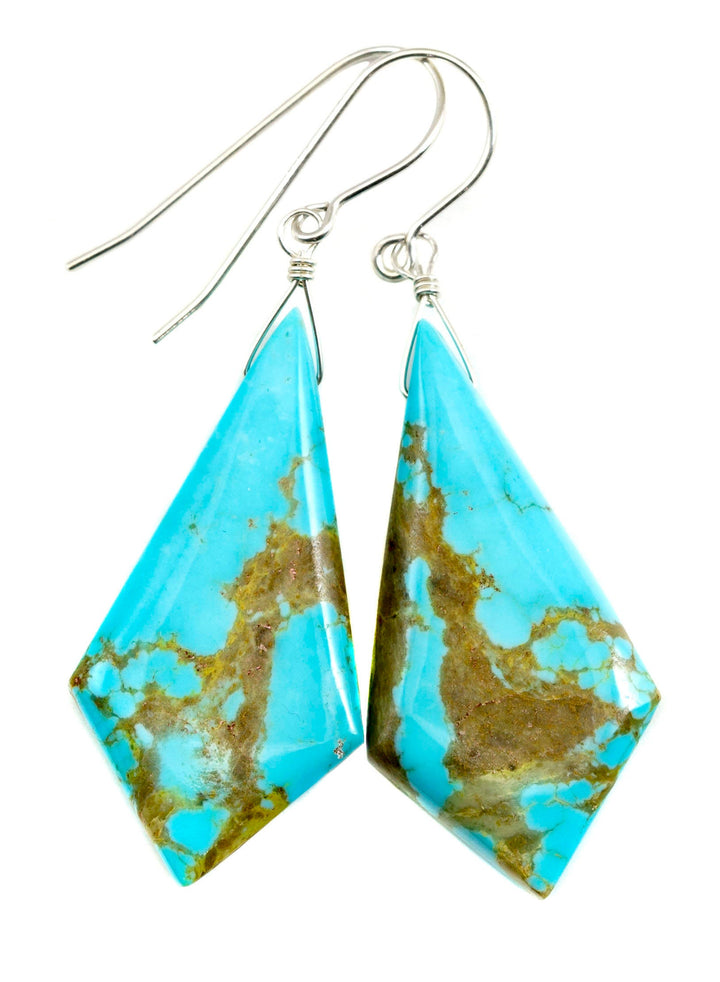 Turquoise Earrings Sterling Silver Smooth Natural Blue Teardrops Long simple drops Natural Light Blue and Veining Triangle Cut Simple  Large