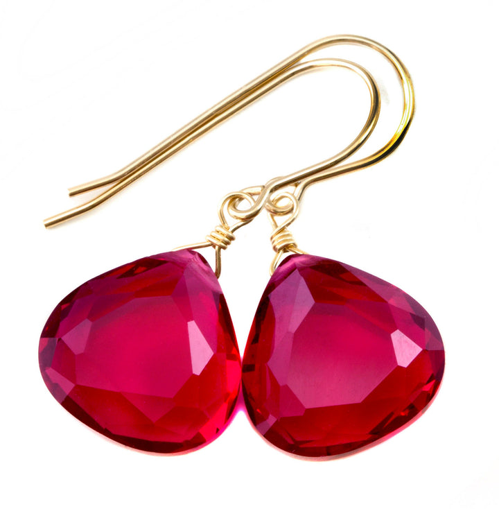 Hot Sapphire Pink Earrings Faceted Simulated Sapphire Large Hearts Dangle 14k Solid Gold or Filled or Sterling Silver Simple Fuchsia Drops