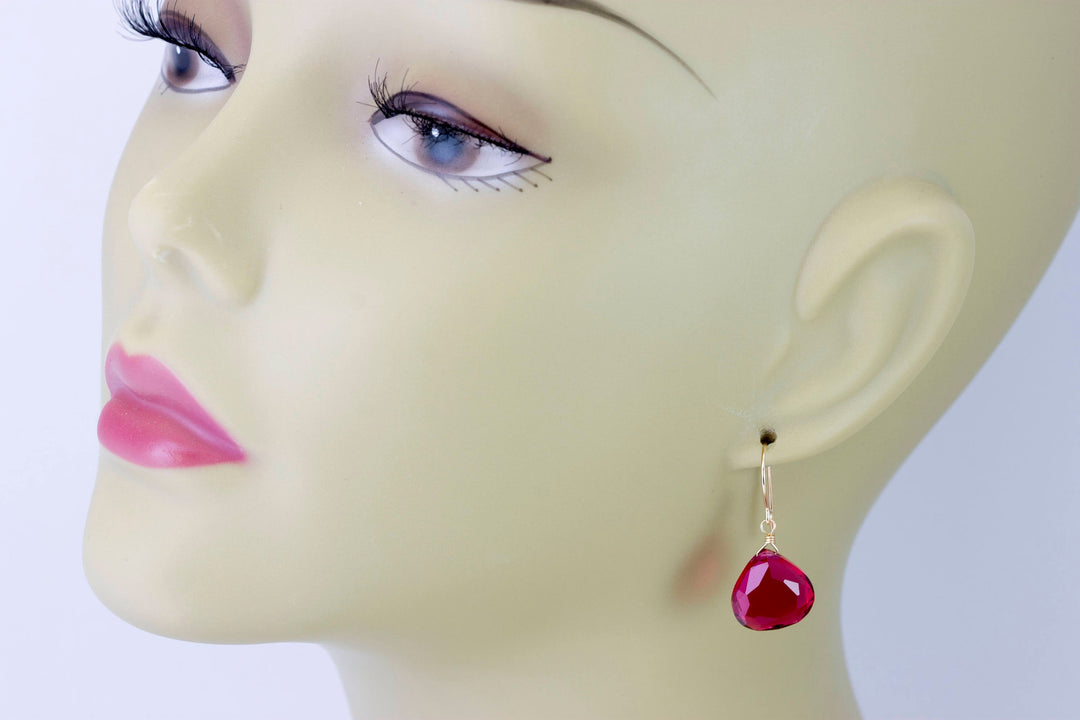 Hot Sapphire Pink Earrings Faceted Simulated Sapphire Large Hearts Dangle 14k Solid Gold or Filled or Sterling Silver Simple Fuchsia Drops