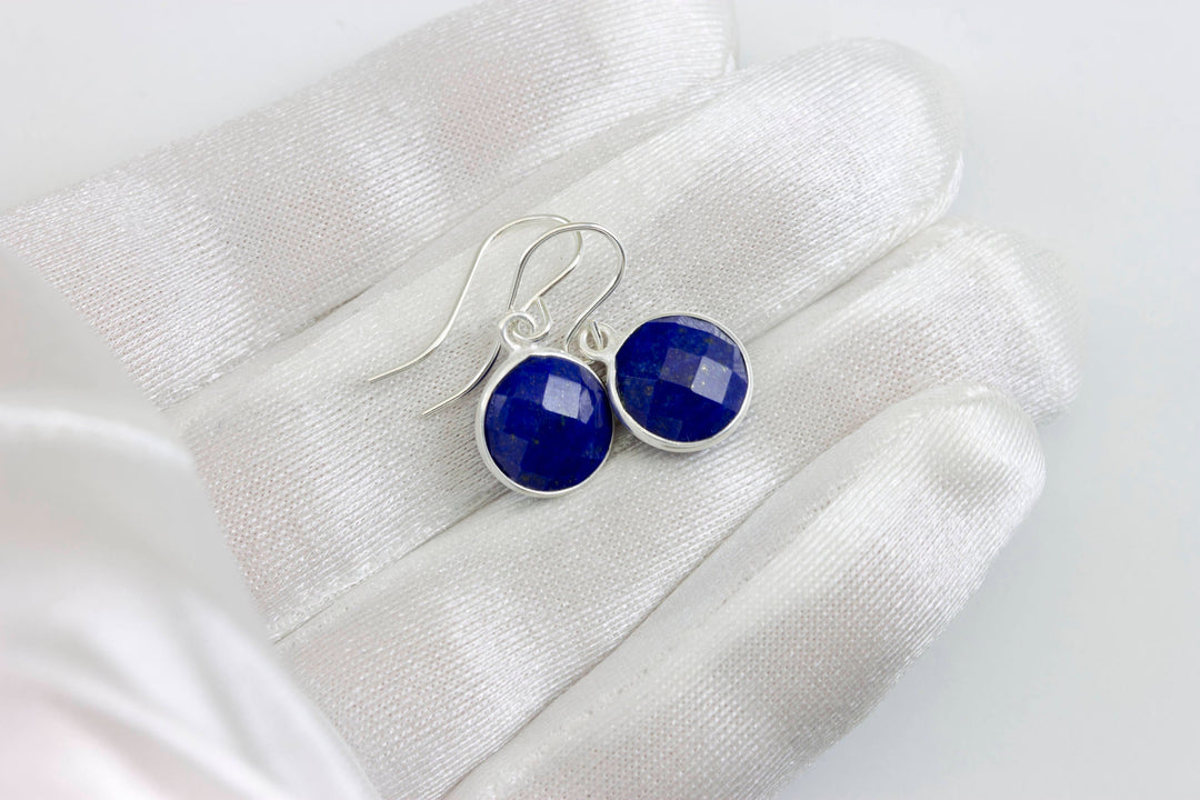 Lapis Lazuli Earrings Natural Blue Round Cut Bezel Set Drops Sterling Silver or 14k Solid Gold or Filled Small and Dainty Faceted Simple