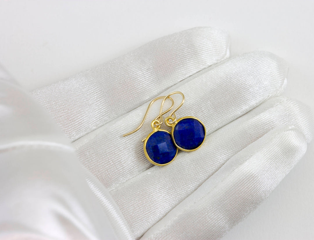 Lapis Lazuli Earrings Natural Blue Round Cut Bezel Set Drops Sterling Silver or 14k Solid Gold or Filled Small and Dainty Faceted Simple
