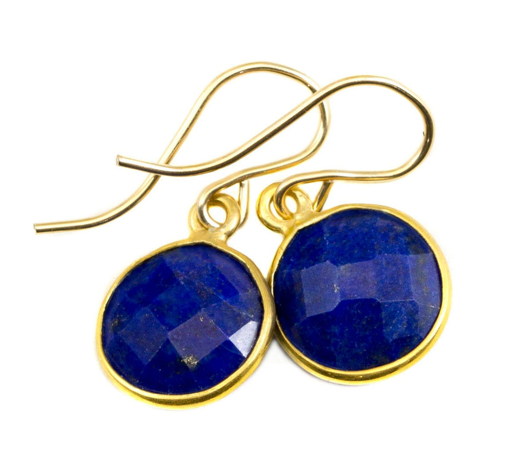 Lapis Lazuli Earrings Natural Blue Round Cut Bezel Set Drops Sterling Silver or 14k Solid Gold or Filled Small and Dainty Faceted Simple