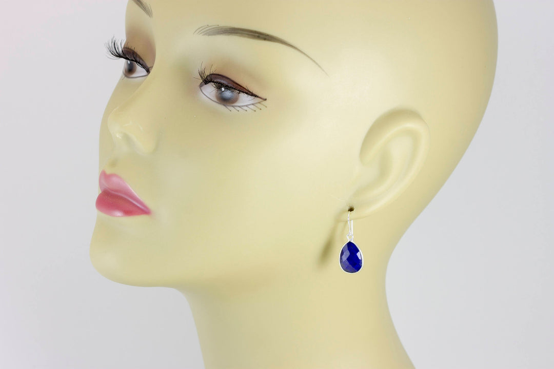 Lapis Lazuli Earrings Natural Blue Pear Cut Bezel Set Blue Drops Sterling Silver or 14k Gold Filled Dainty Faceted Simple Teardrops