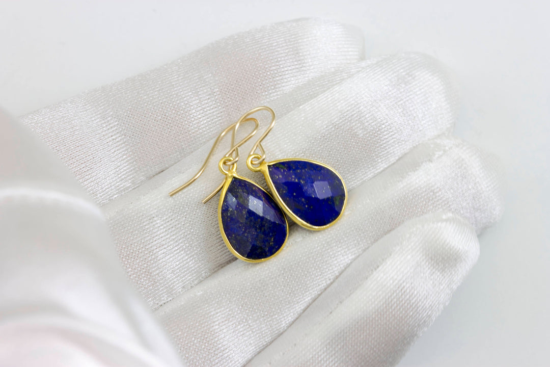 Lapis Lazuli Earrings Natural Blue Pear Cut Bezel Set Blue Drops Sterling Silver or 14k Gold Filled Dainty Faceted Simple Teardrops