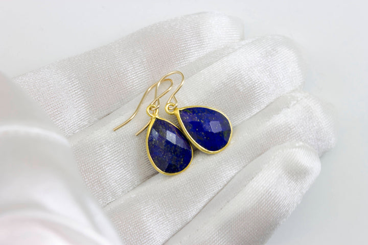 Lapis Lazuli Earrings Natural Blue Pear Cut Bezel Set Blue Drops Sterling Silver or 14k Gold Filled Dainty Faceted Simple Teardrops