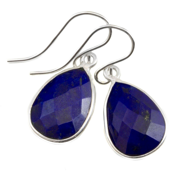 Lapis Lazuli Earrings Natural Blue Pear Cut Bezel Set Blue Drops Sterling Silver or 14k Gold Filled Dainty Faceted Simple Teardrops