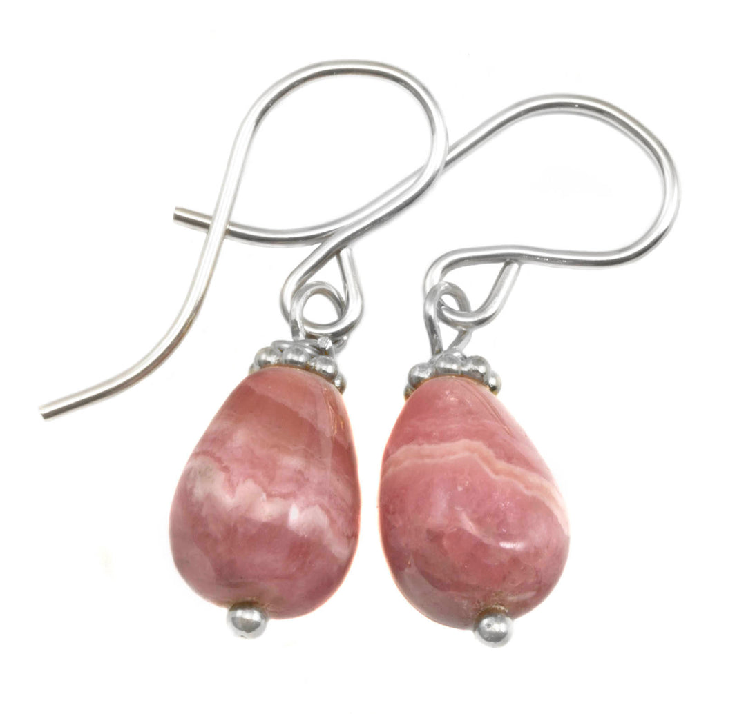 Rhodochrosite Earrings Smooth Natural PInk Teardrop Dangle Drops Sterling Silver or 14k Solid Gold or Filled Dainty Small Simple Earthy Pink