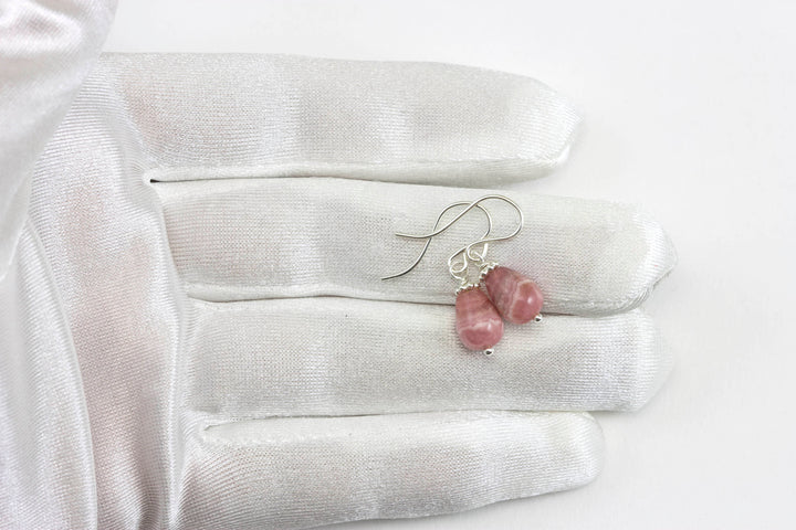 Rhodochrosite Earrings Smooth Natural PInk Teardrop Dangle Drops Sterling Silver or 14k Solid Gold or Filled Dainty Small Simple Earthy Pink