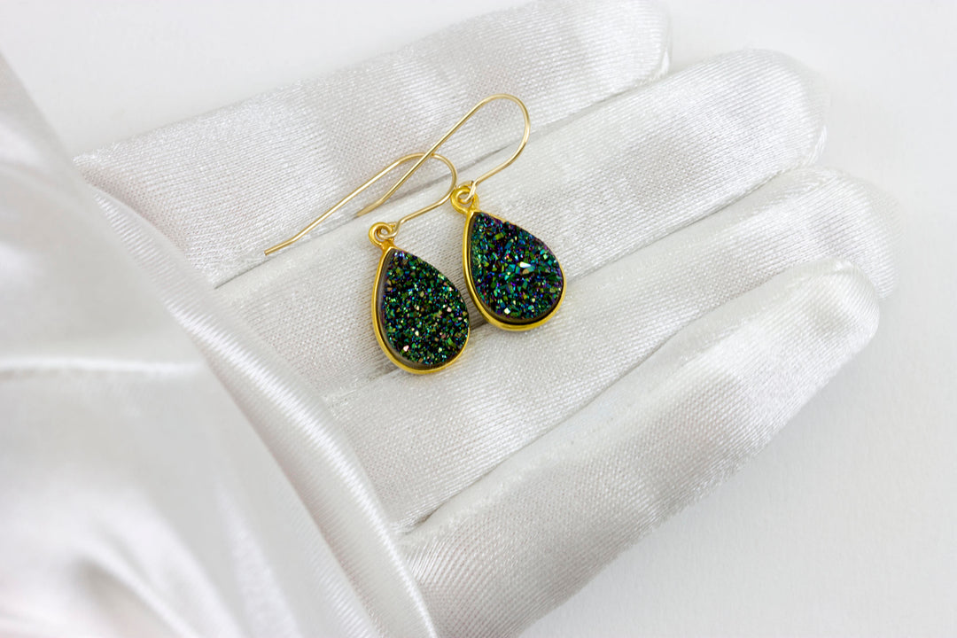 Peacock Green Drusy Earrings Druzy Teardrop Sterling silver or 14k solid gold or filled  Bezel Set Simple Drops Spyglass Designs