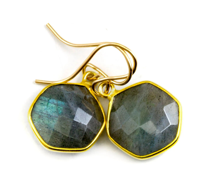 Blue Flash Labradorite Earrings Small Simple Drops Bezel Set Round Drop Octagon 14k Solid Gold or Filled Dainty Faceted Cut - Spyglass Designs