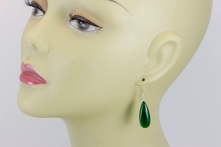 Emerald Green Earrings Smooth Long Simulated Emerald Teardrop Drop Dangle Sterling Silver or 14k Solid Gold or Filled Simple Classic 1.6 In