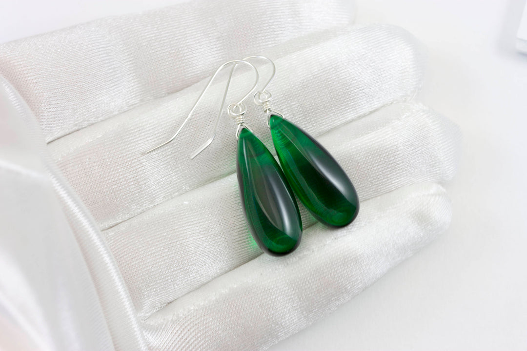 Emerald Green Earrings Smooth Long Simulated Emerald Teardrop Drop Dangle Sterling Silver or 14k Solid Gold or Filled Simple Classic 1.6 In