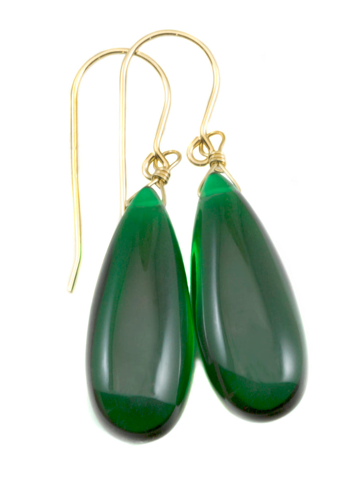 Emerald Green Earrings Smooth Long Simulated Emerald Teardrop Drop Dangle Sterling Silver or 14k Solid Gold or Filled Simple Classic 1.6 In